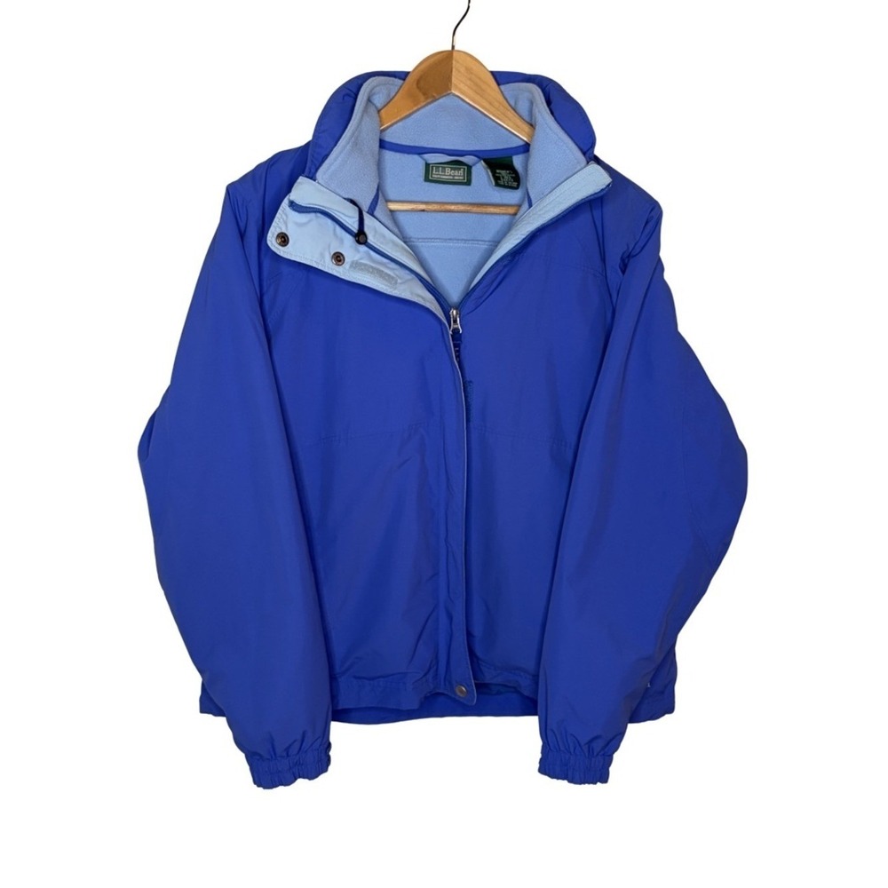 LL Bean Fleece Lined Jacket Womens L Blue Hooded Full Zip Outdoor Coat